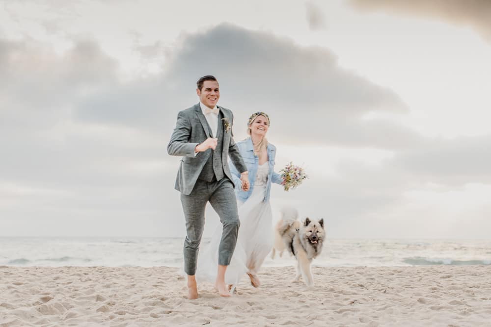 Hochzeitsfotografin für Hochzeitsreportage auf Sylt buchen. Sonnenuntergang am Meer auf Sylt beim Brautpaarfotoshooting war viel Action auch mit dem Hund