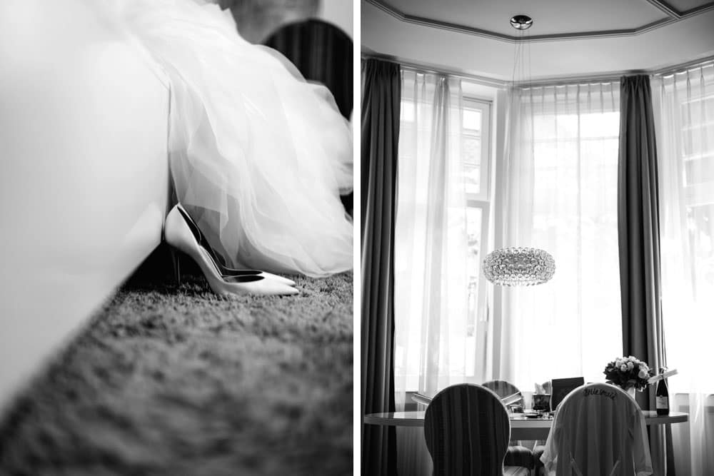 Detailaufnahme des Brautkleids im Hotelzimmer – Teil einer emotionalen Hochzeitsreportage